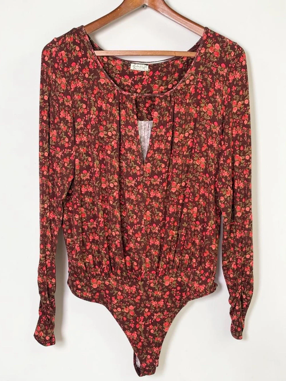 Free People Kaya Floral Printed Cutout Bodysuit Size L Chocolate Red